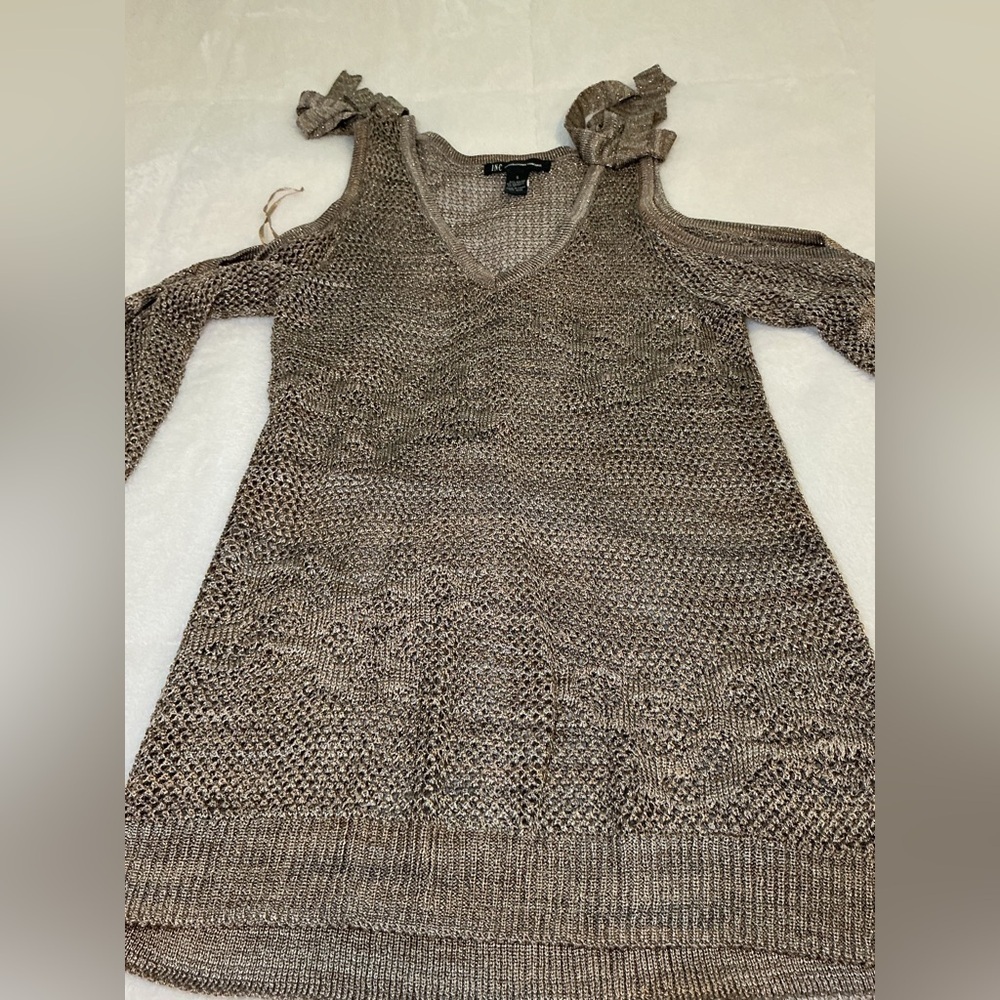 Brown and gold Knit cut out shoulders Sweater top - Picture 5 of 8
